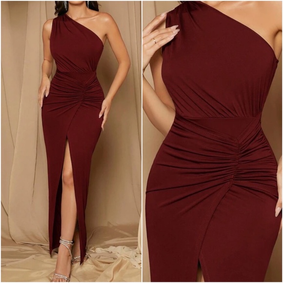 Luxe One Shoulder Ruched Split Hem Fitted Party Evening Dress - Picture 1 of 5
